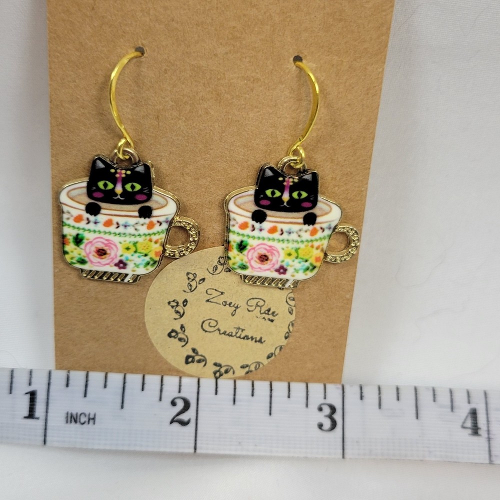 Kitty in Floral Teacups Earrings Dangle Hook Hypoallergic Gold Plated Black - Picture 6 of 11